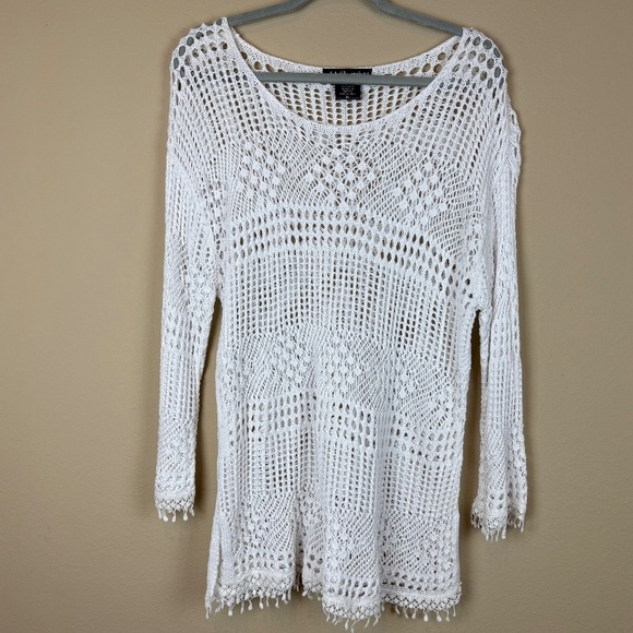 United States Sweaters White Knit Crochet Long Sleeve Casual Pullover Sweater - Picture 1 of 12